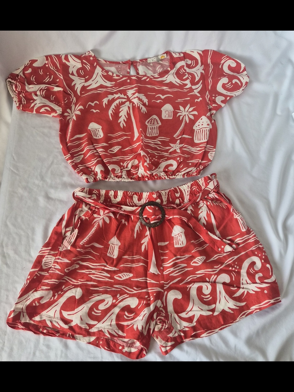 C&C California Tropical Linen Blend Two Piece Set Crop Top High Rise Shorts S
